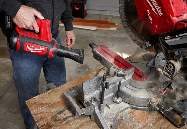 Milwaukee M12 Compact Blower Cleaning Miter Saw