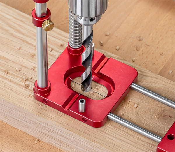 Woodpeckers Auto-Line Drill Guide in Use on Wood Board