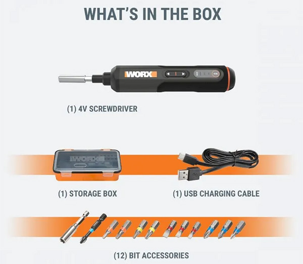 Worx 4V Cordless Screwdriver Kit Contents